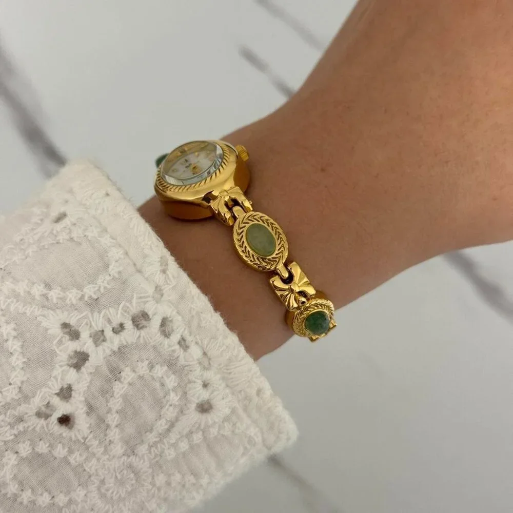 SKU:0018 Gold white mini‎ Watch with green natural stones + in a gift box
